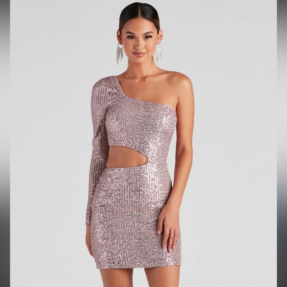 Windsor Blush Sequin One-Shoulder Cutout Mini Dress